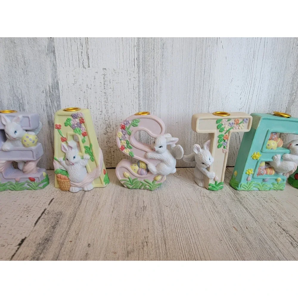 Easter‎ monogram ceramic candlestick holder bunny rabbit set spring home decor